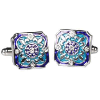 Silvertone Square Blue Geometric Pattern Cufflinks with Jewelry Box - FHYINC best men's suits, tuxedos, formal men's wear wholesale