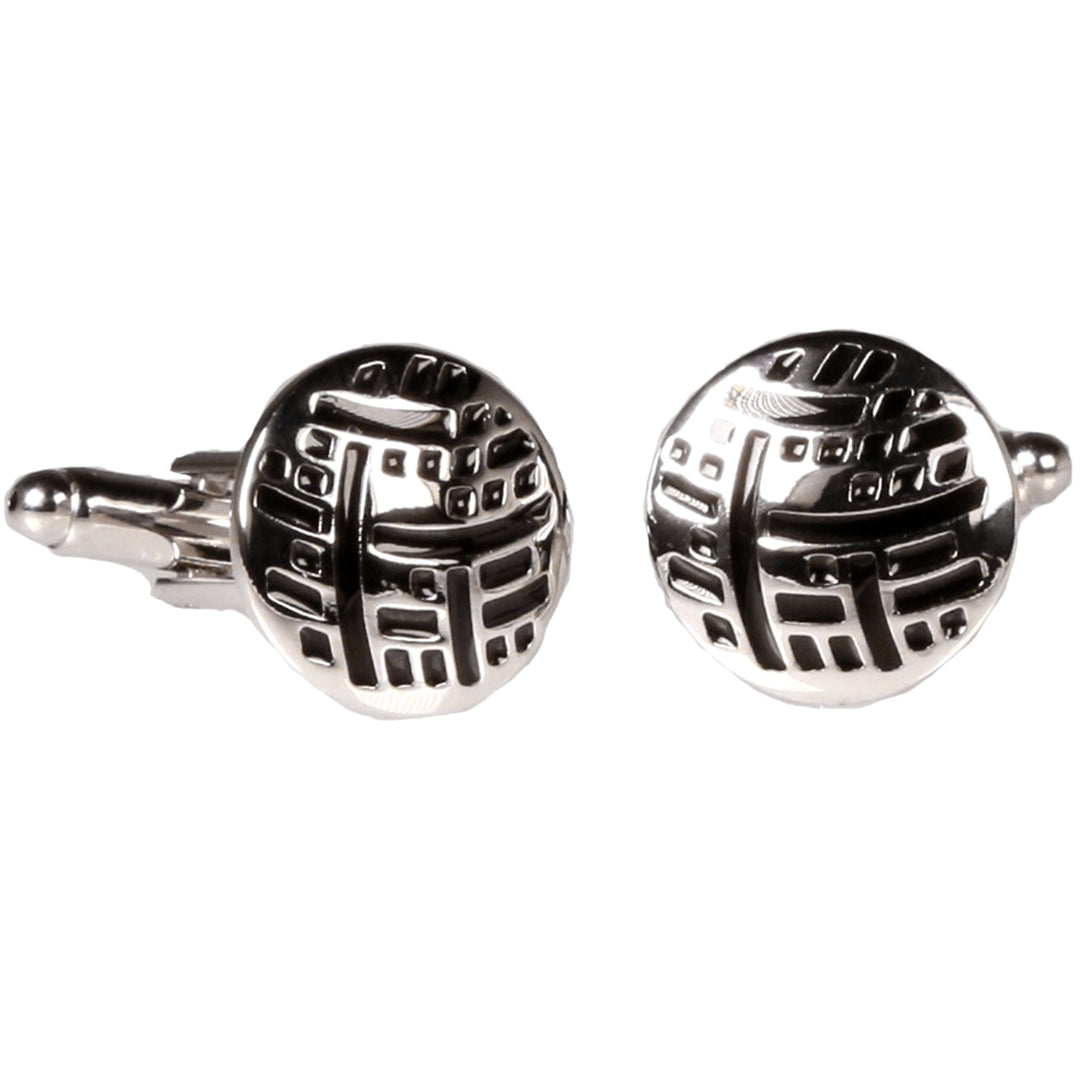 Silvertone Circle Black Geometric Cufflinks with Jewelry Box - FHYINC best men's suits, tuxedos, formal men's wear wholesale