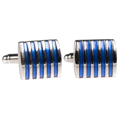 Silvertone Square Blue Stripes Cufflinks with Jewelry Box - FHYINC best men's suits, tuxedos, formal men's wear wholesale