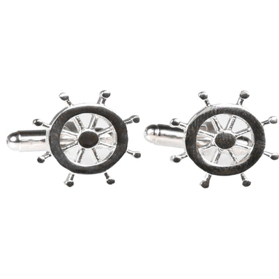 Silvertone Novelty Ship Wheel Cufflinks with Jewelry Box - FHYINC best men's suits, tuxedos, formal men's wear wholesale