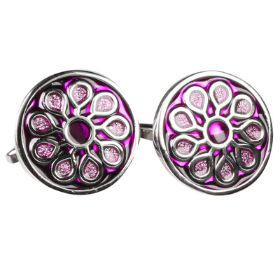 Silvertone Circle Purple Geometric Pattern Cufflinks with Jewelry Box - FHYINC best men's suits, tuxedos, formal men's wear wholesale