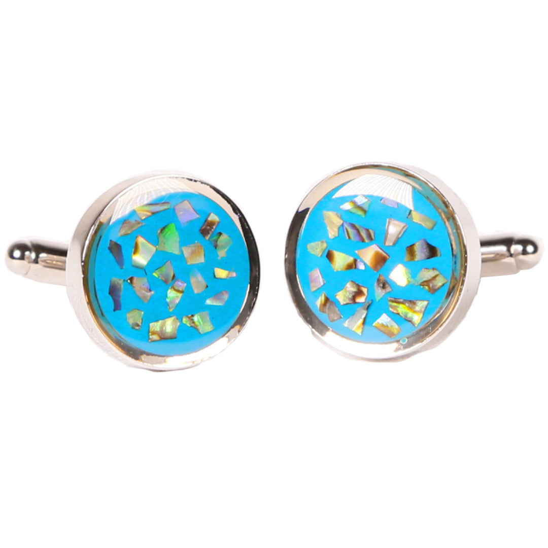 Silvertone Circle Geometric Blue Cufflinks with Jewelry Box - FHYINC best men's suits, tuxedos, formal men's wear wholesale