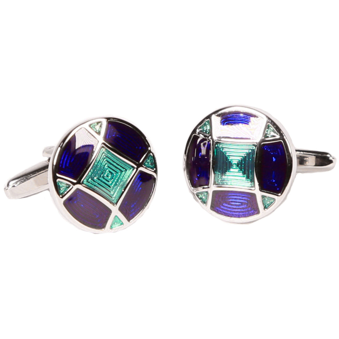 Silvertone Circle Blue Geometric Cufflinks with Jewelry Box - FHYINC best men's suits, tuxedos, formal men's wear wholesale