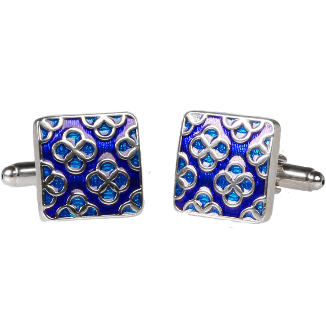 Silvertone Square Blue Geometric Pattern Cufflinks with Jewelry Box - FHYINC best men's suits, tuxedos, formal men's wear wholesale