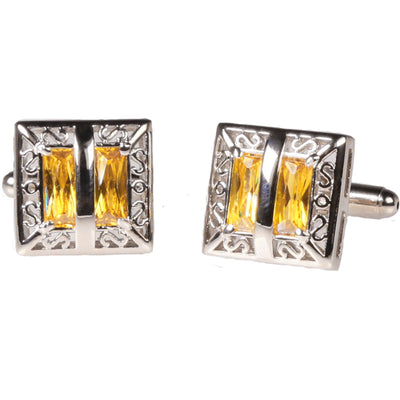 Silvertone Square Yellow Gemstone Cufflinks with Jewelry Box - FHYINC best men's suits, tuxedos, formal men's wear wholesale