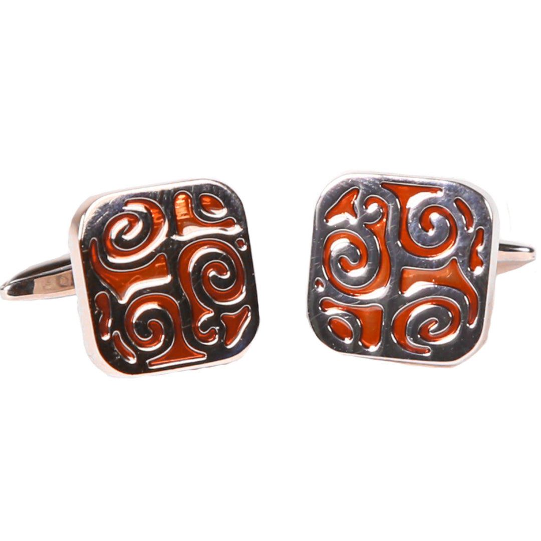 Silvertone Square Orange Geometric Pattern Cufflinks with Jewelry Box - FHYINC best men's suits, tuxedos, formal men's wear wholesale