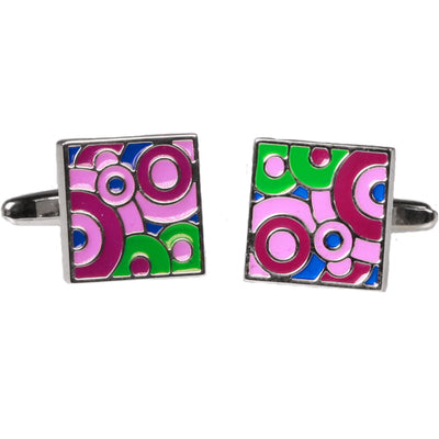Silvertone Square Pink/Purple Geometric Circles Cufflinks with Jewelry Box - FHYINC best men's suits, tuxedos, formal men's wear wholesale