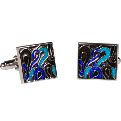 Silvertone Square Blue Geometric Pattern Cufflinks with Jewelry Box - FHYINC best men's suits, tuxedos, formal men's wear wholesale