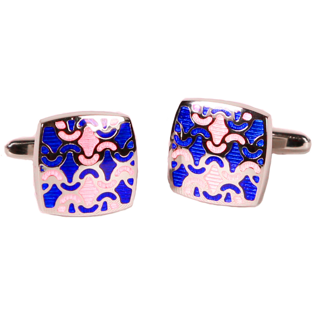 Silvertone Blue/Orange Geometric Pattern Cufflinks with Jewelry Box - FHYINC best men's suits, tuxedos, formal men's wear wholesale