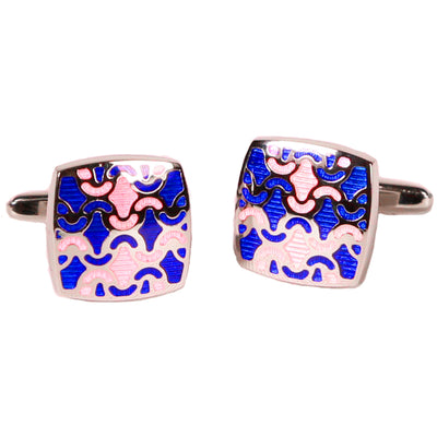 Silvertone Blue/Orange Geometric Pattern Cufflinks with Jewelry Box - FHYINC best men's suits, tuxedos, formal men's wear wholesale