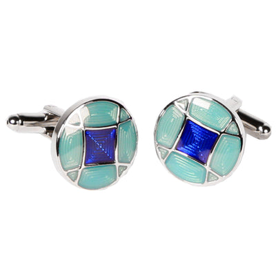 Silvertone Circle Blue Gemstone Cufflinks with Jewelry Box - FHYINC best men's suits, tuxedos, formal men's wear wholesale