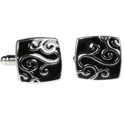 Silvertone Square Black Gold Pattern Cufflinks with Jewelry Box - FHYINC best men's suits, tuxedos, formal men's wear wholesale