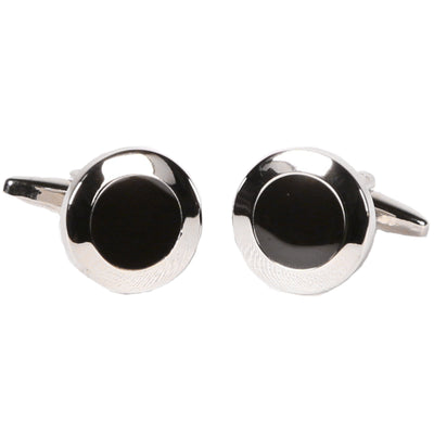 Silvertone Circle Black Silver Cufflinks with Jewelry Box - FHYINC best men's suits, tuxedos, formal men's wear wholesale