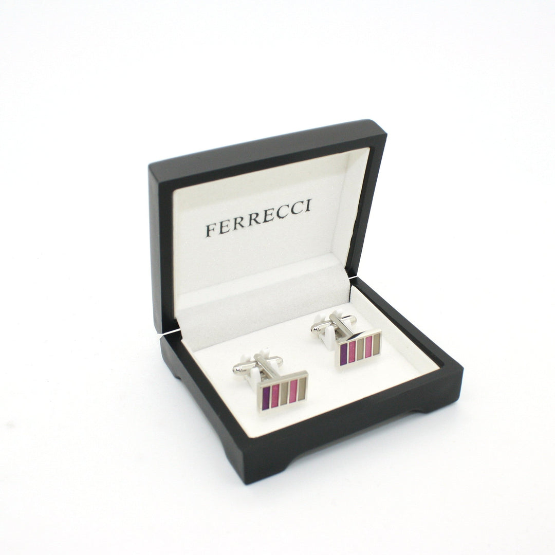 Silvertone Lavender Stripe Cuff Links With Jewelry Box - FHYINC