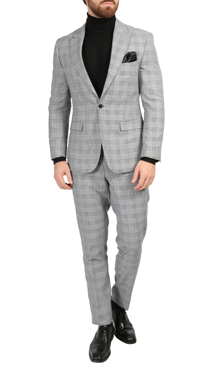 Conrad Skinny Slim Fit Grey 2pc Glen Plaid Peak Lapel Suit - FHYINC best men&