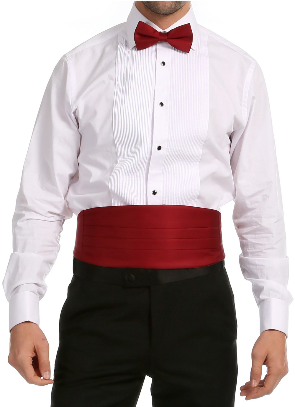 Ferrecci Satin Bow Tie & Cummerbund Set – Burgundy, front view