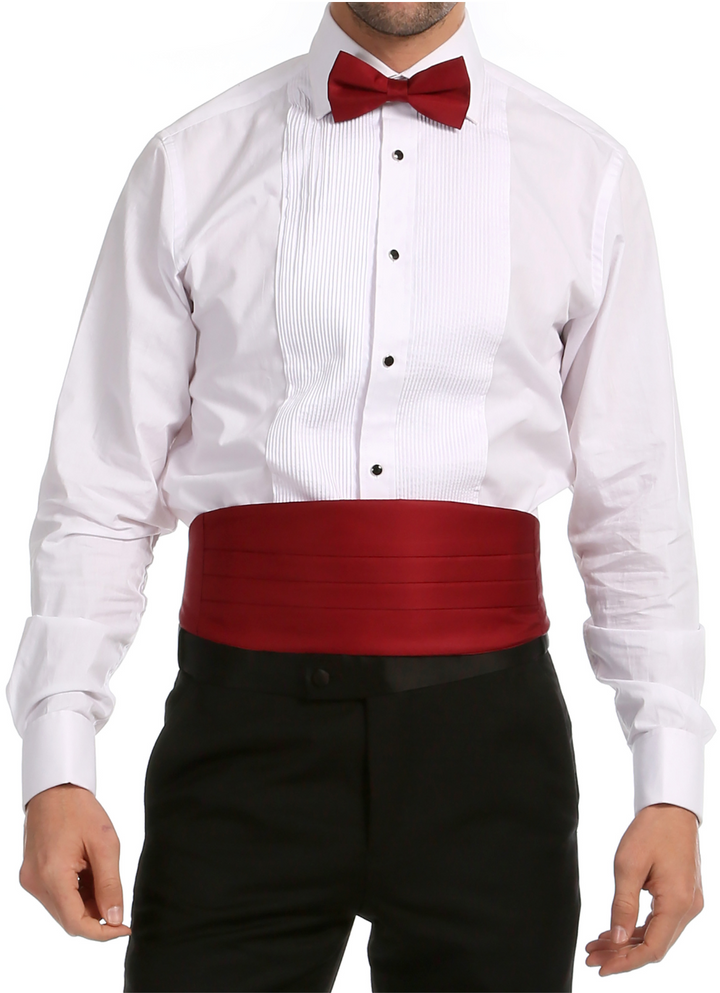 Ferrecci Satin Bow Tie &amp; Cummerbund Set – Burgundy, front view