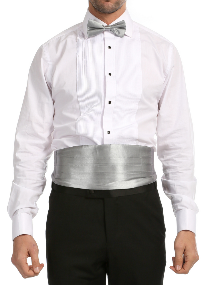 Ferrecci Satin Bow Tie &amp; Cummerbund Set – Grey, front view