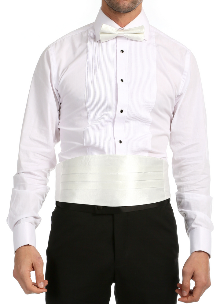 Ferrecci Satin Bow Tie &amp; Cummerbund Set – White, front view