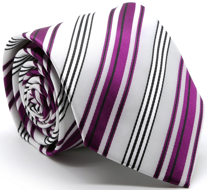 Mens Dads Classic Fuchsia Striped Pattern Business Casual Necktie &amp; Hanky Set D-10 - FHYINC best men&
