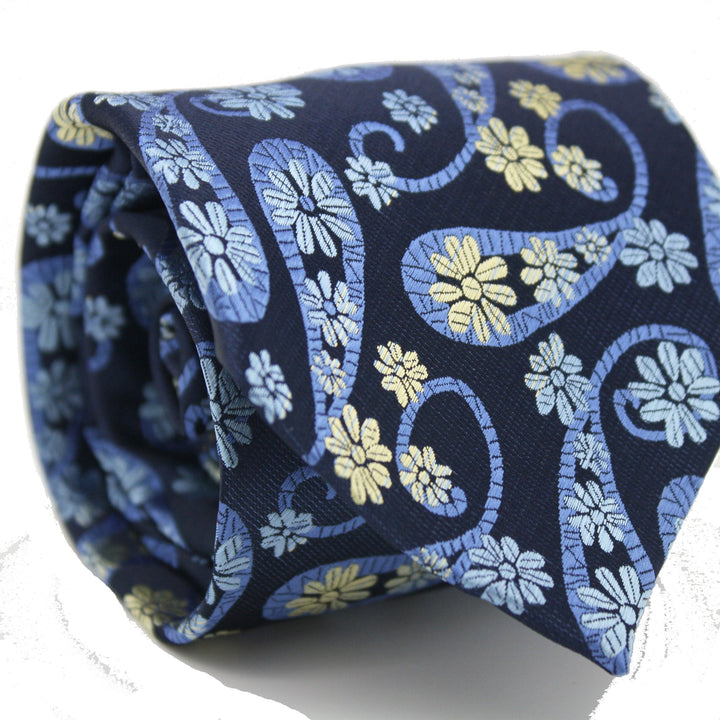 Mens Dads Classic Navy Floral Pattern Business Casual Necktie &amp; Hanky Set DF-5 - FHYINC best men&