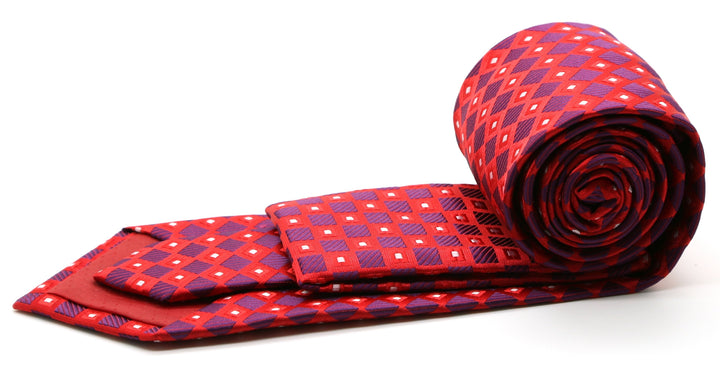 Mens Dads Classic Red Geometric Pattern Business Casual Necktie &amp; Hanky Set E-10 - FHYINC best men&
