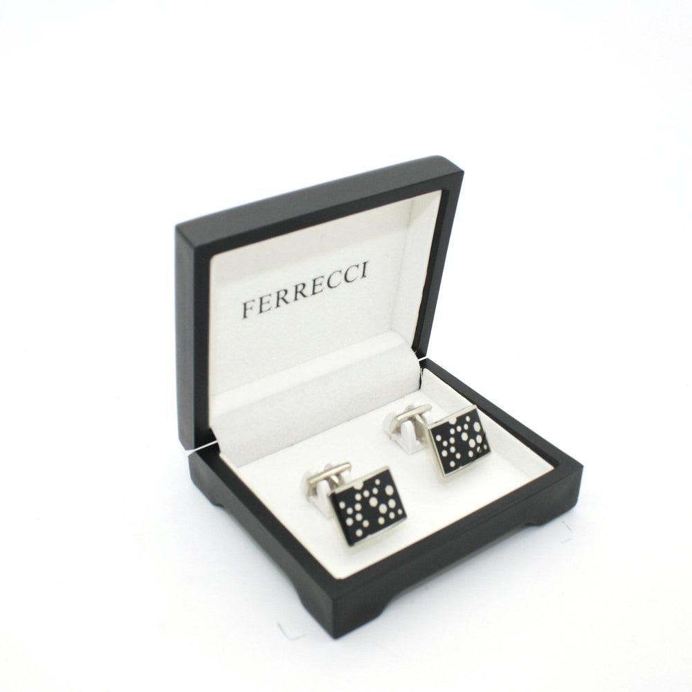 Silvertone Black Dot Design Cuff Links With Jewelry Box - FHYINC
