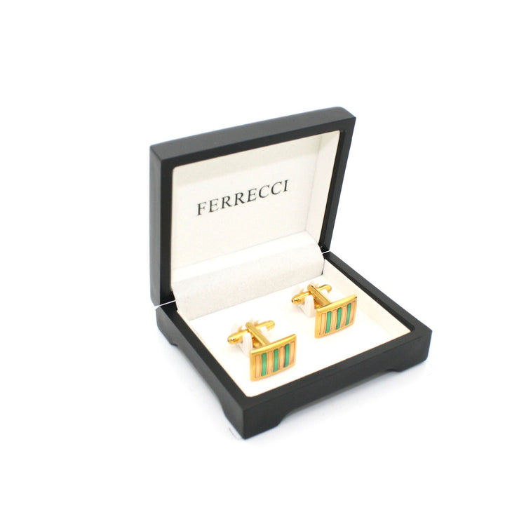 Goldtone Mint &amp; Pink Stripe Cuff Links With Jewelry Box - FHYINC