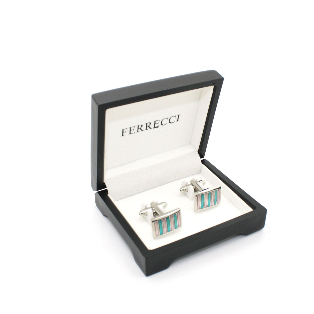 Silvertone Mint &amp; Pink Stripe Cuff Links With Jewelry Box - FHYINC