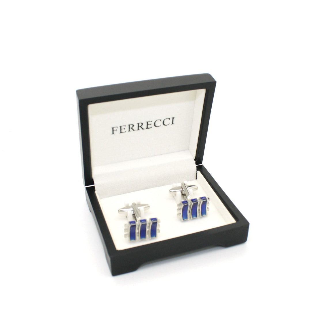 Silvertone Aqua Blue Criss Cross Cuff Links With Jewelry Box - FHYINC