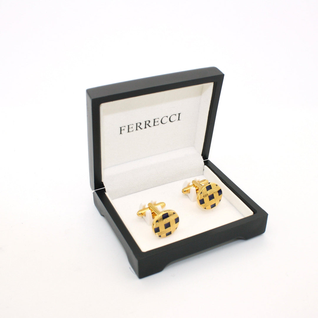 Goldtone Blue Criss Cross Metal Cuff Links With Jewelry Box - FHYINC
