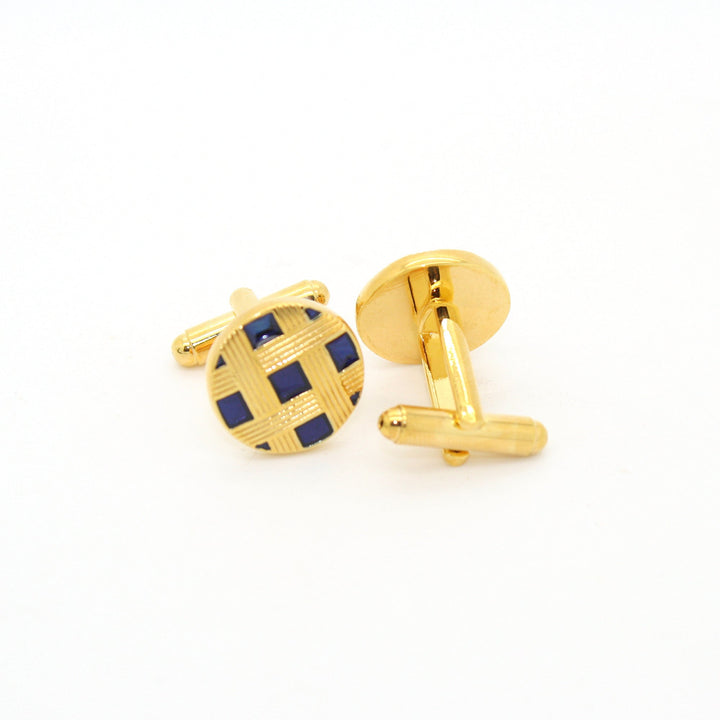Goldtone Blue Criss Cross Metal Cuff Links With Jewelry Box - FHYINC