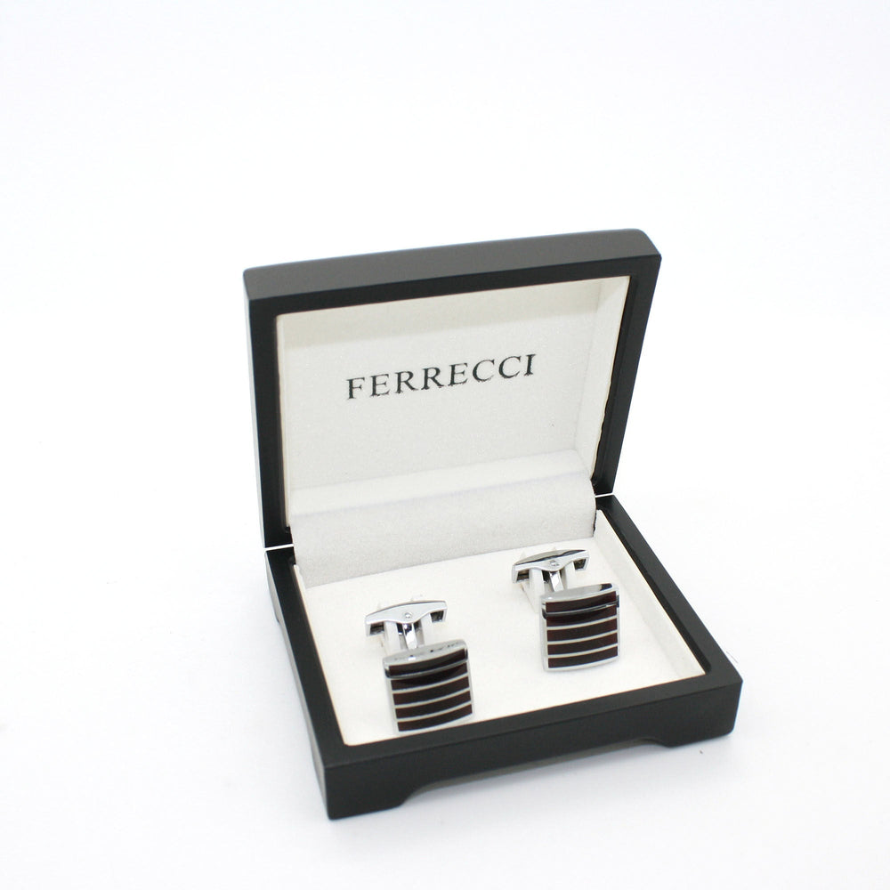 Silvertone Burgundy Stripe Cuff Links With Jewelry Box - FHYINC