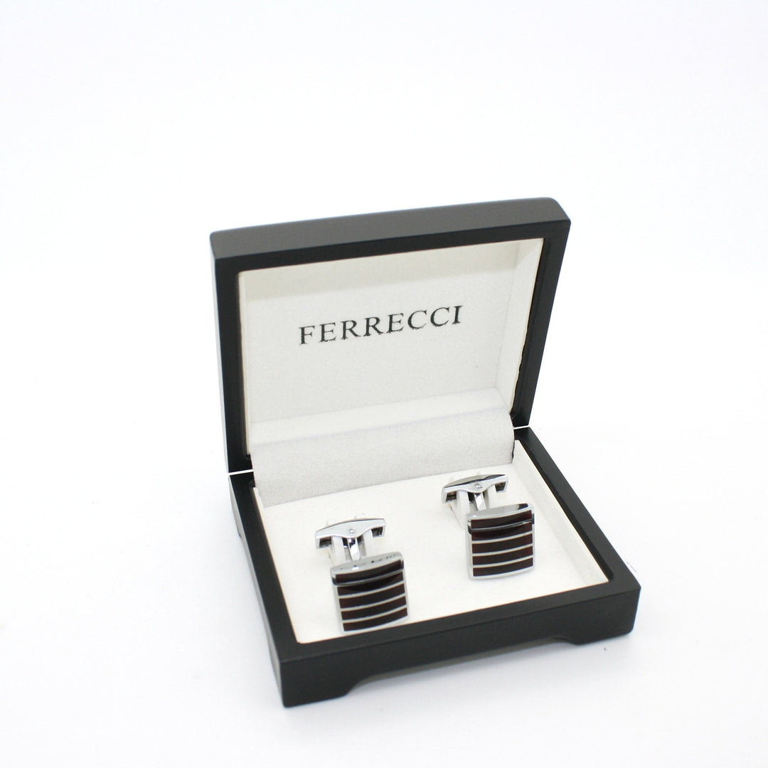 Silvertone Burgundy Stripe Cuff Links With Jewelry Box - FHYINC