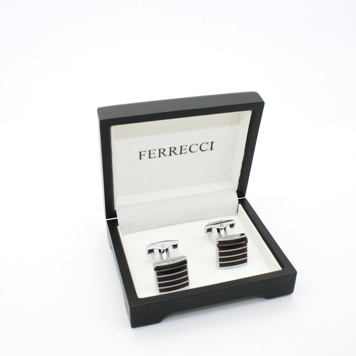 Silvertone Burgundy Stripe Cuff Links With Jewelry Box - FHYINC