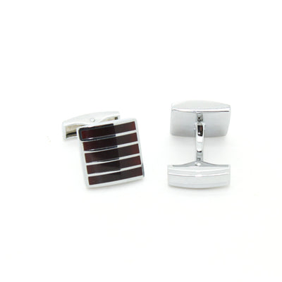 Silvertone Burgundy Stripe Cuff Links With Jewelry Box - FHYINC