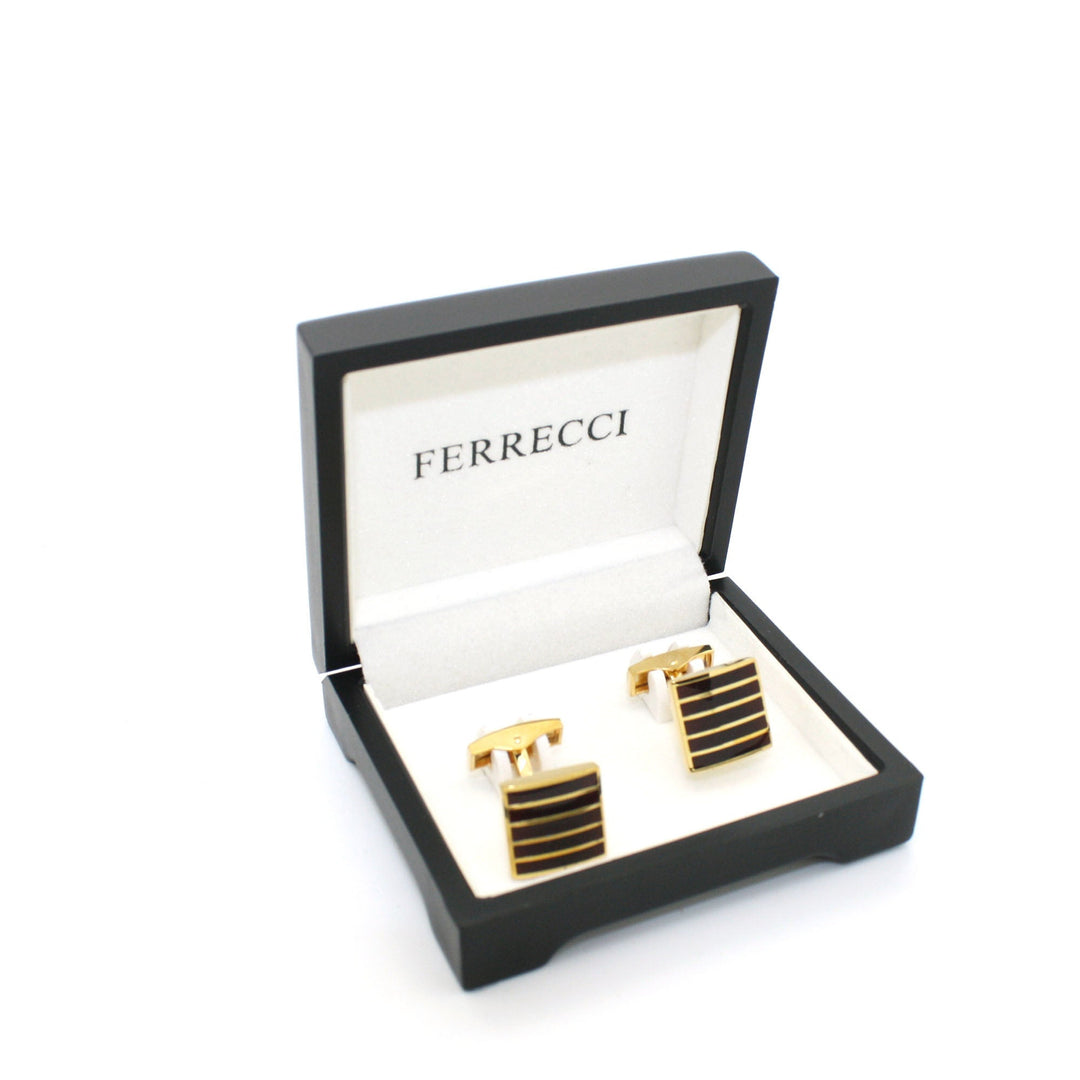 Goldtone Burgundy Stripe Cuff Links With Jewelry Box - FHYINC