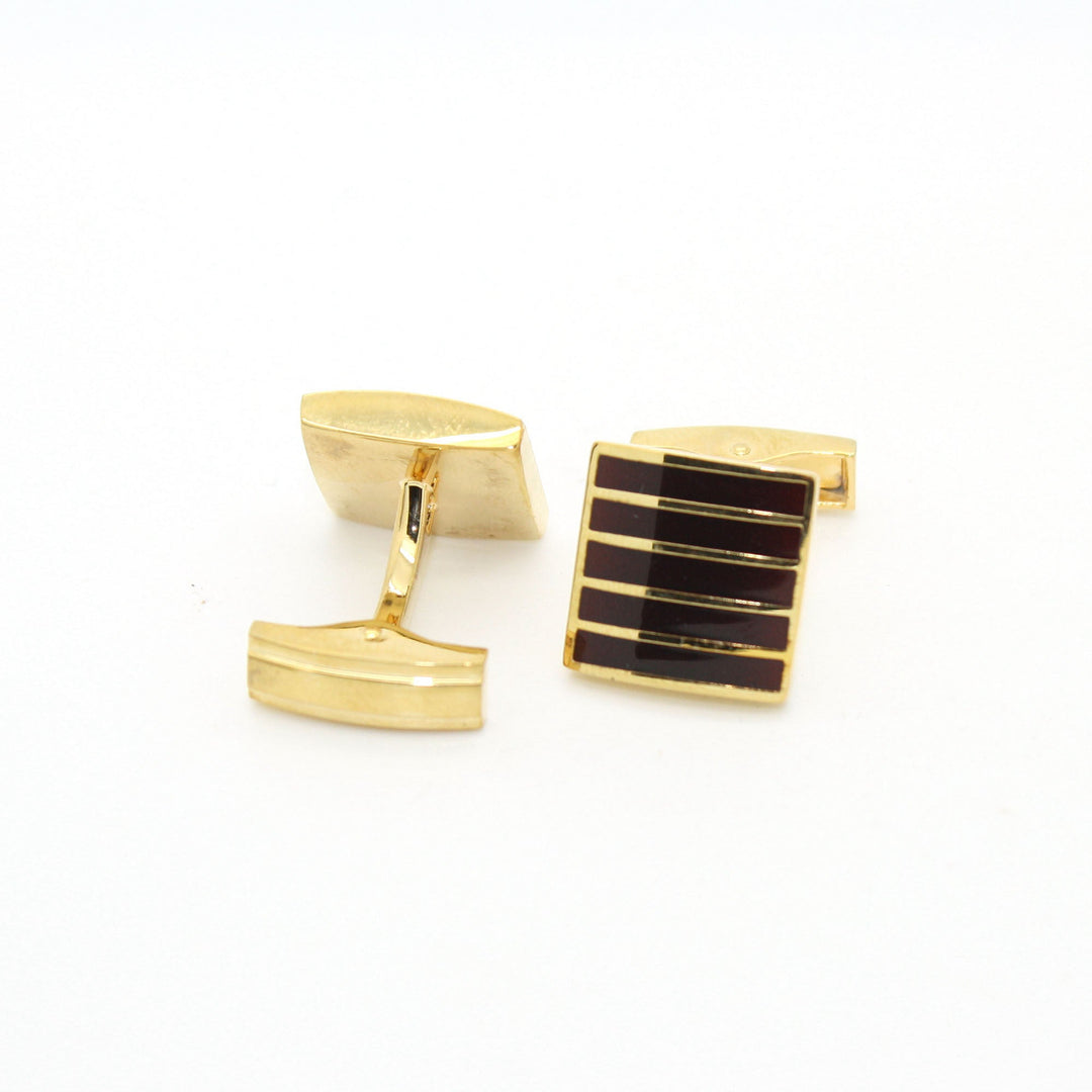 Goldtone Burgundy Stripe Cuff Links With Jewelry Box - FHYINC