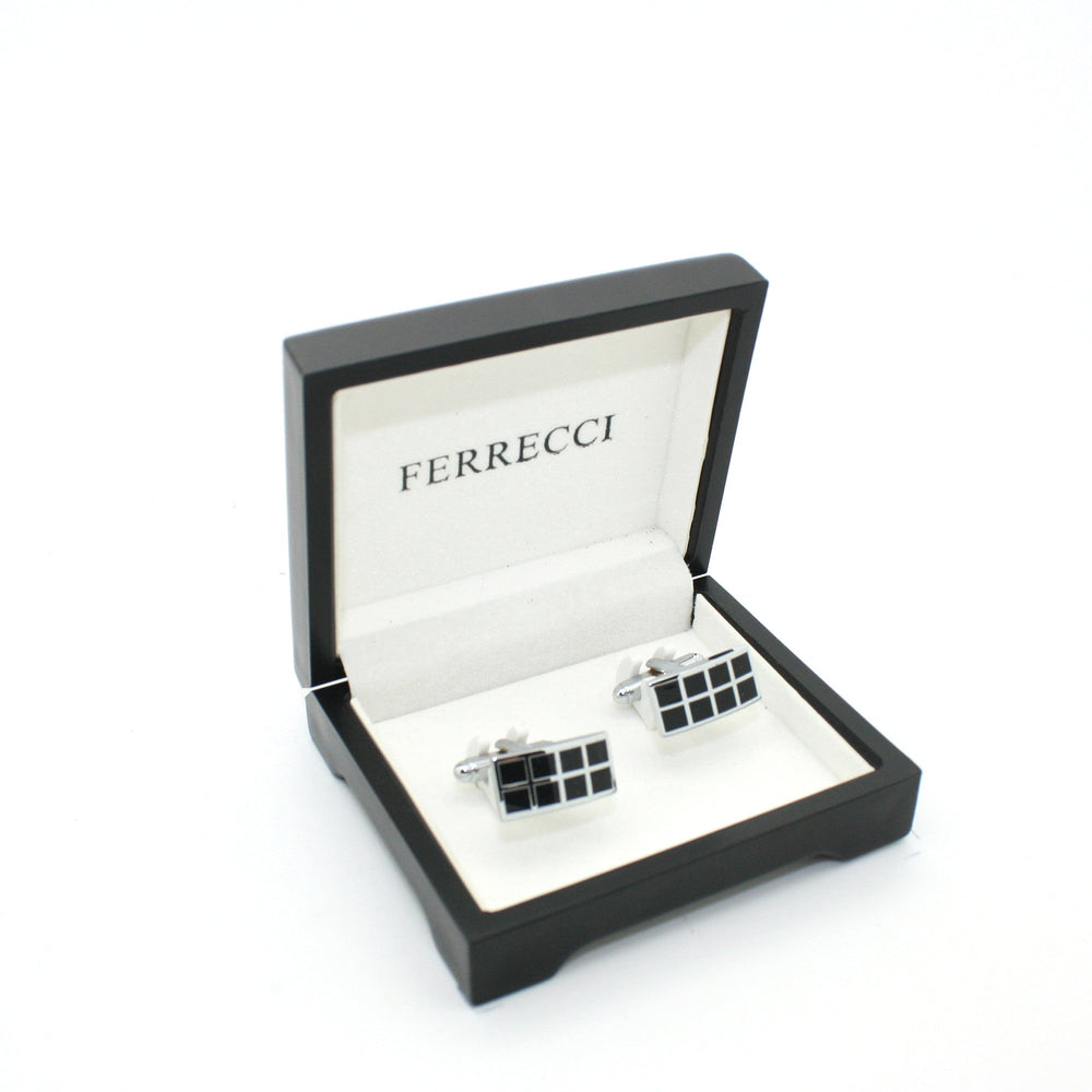 Silvertone Black Checker Rectangle Cuff Links With Jewelry Box - FHYINC