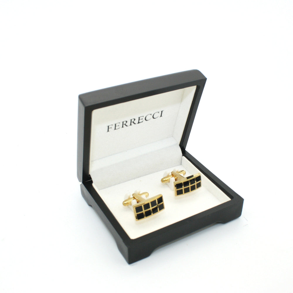 Goldtone Black Checker Rectangle Cuff Links With Jewelry Box - FHYINC