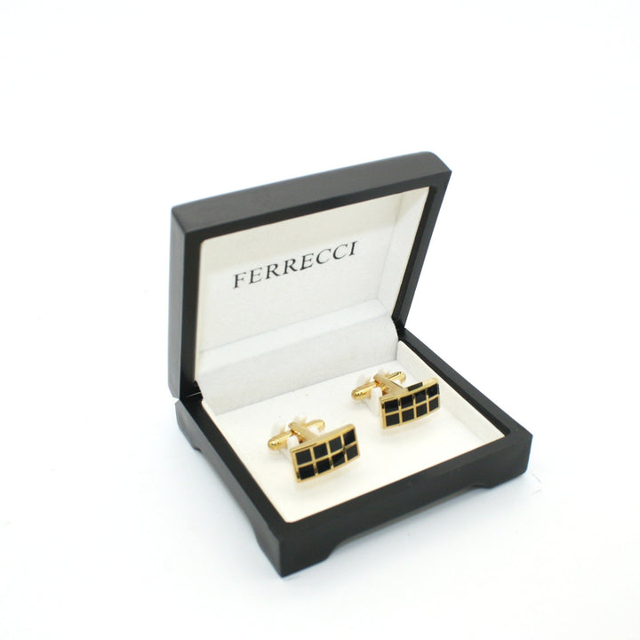 Goldtone Black Checker Rectangle Cuff Links With Jewelry Box - FHYINC