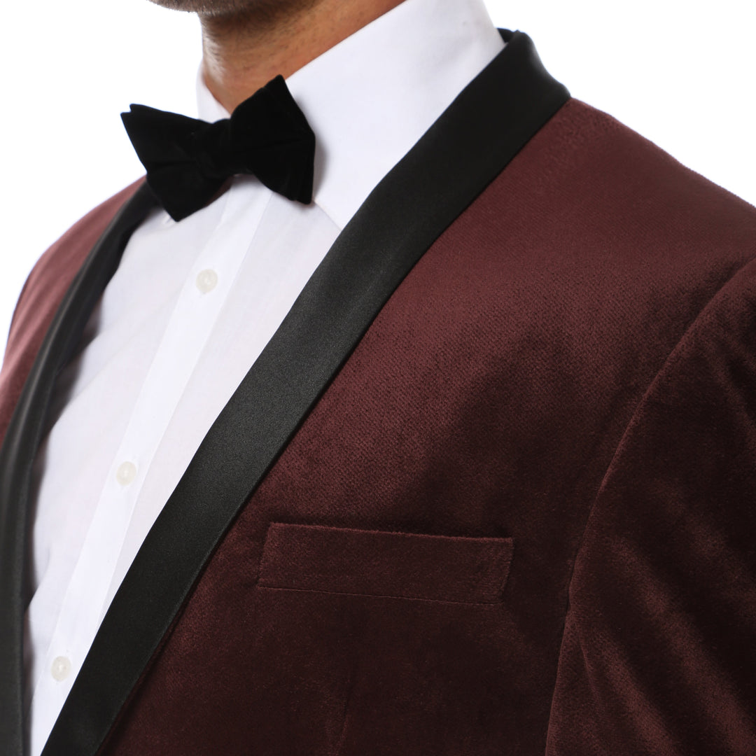 Enzo Burgundy Velvet Slim Fit Shawl Lapel Tuxedo Men&