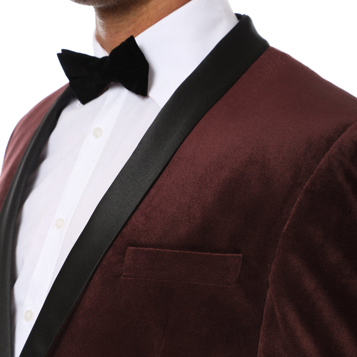 Enzo Burgundy Velvet Slim Fit Shawl Lapel Tuxedo Men&