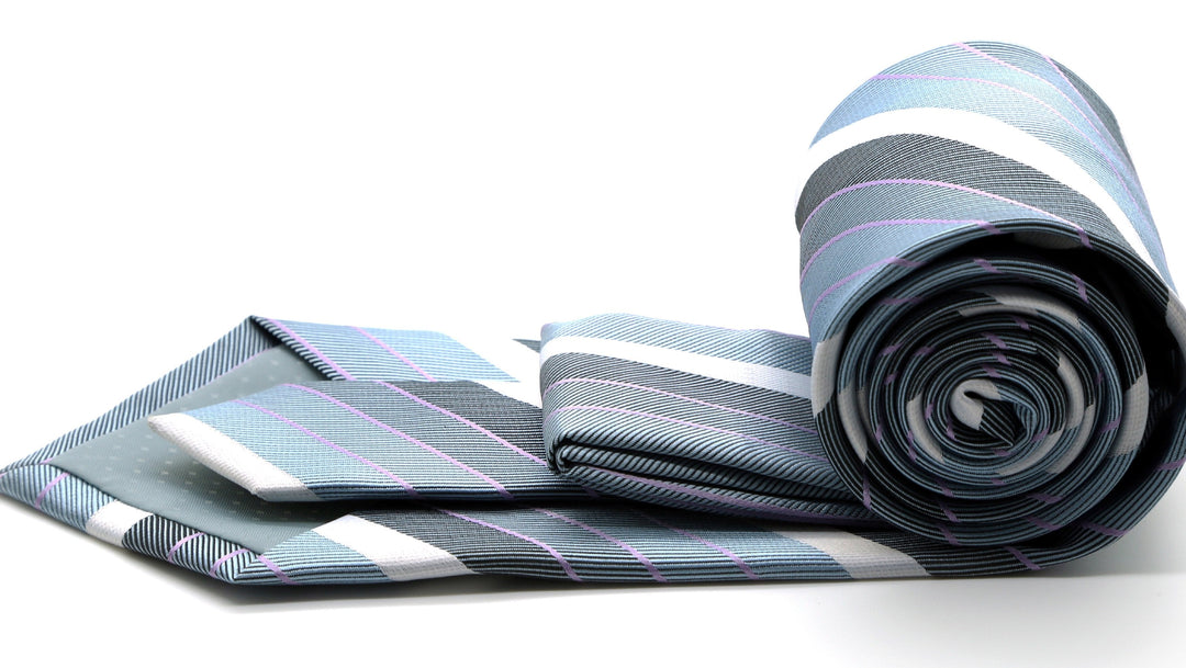 Mens Dads Classic Grey Striped Pattern Business Casual Necktie &amp; Hanky Set EO-6 - FHYINC best men&