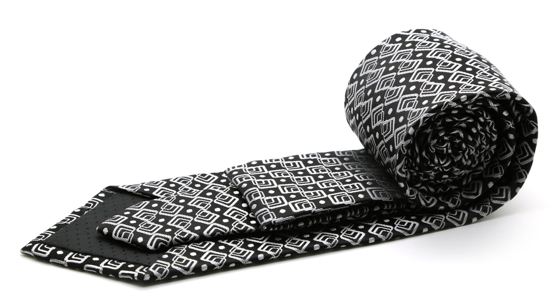 Mens Dads Classic Black Geometric Pattern Business Casual Necktie &amp; Hanky Set G-1 - FHYINC best men&