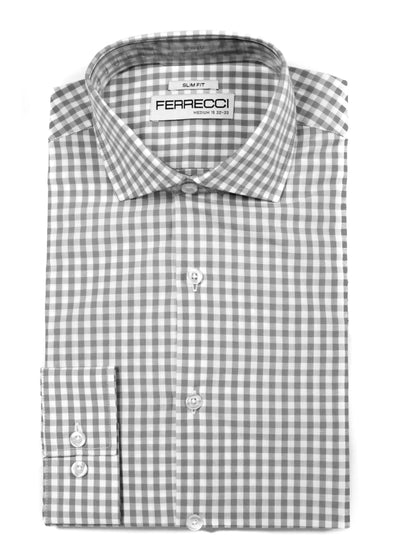 Grey Gingham Check Dress Shirt - Slim Fit - FHYINC best men's suits, tuxedos, formal men's wear wholesale