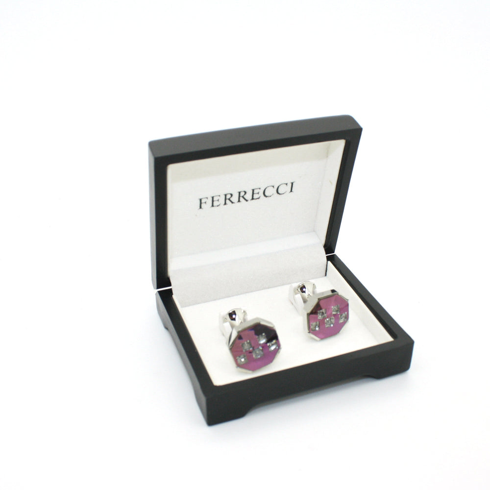 Silvertone Purple Glass Stone Cuff Links With Jewelry Box - FHYINC
