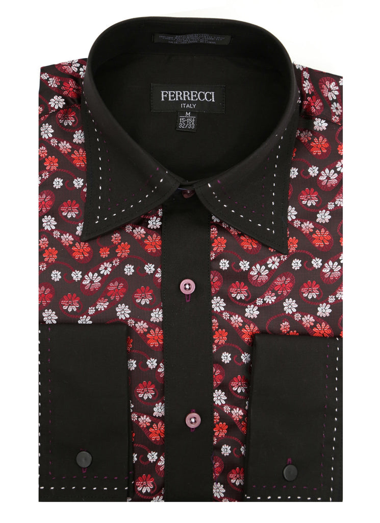 Ferrecci Men's Satine Hi-1001 Red & Black Flower Button Down Dress Shirt