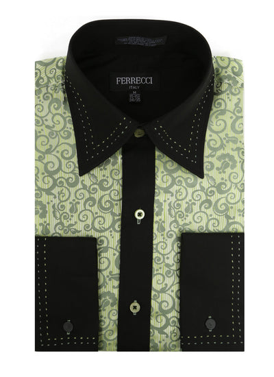 Ferrecci Men's Satine Hi-1008 Green Scroll Pattern Button Down Dress Shirt - FHYINC
