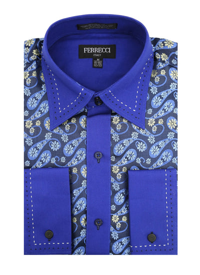Ferrecci Men's Satine Hi-1009 Paisley Flower Blue Button Down Dress Shirt - FHYINC